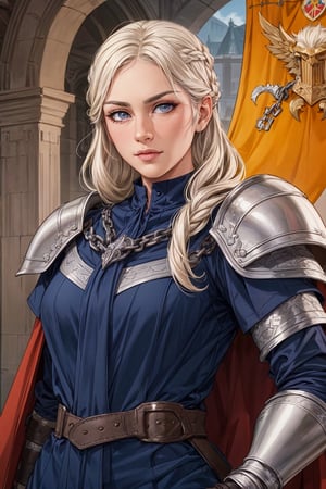 1 girl, adult russian woman, platinum blonde dutch braid, portrait, solo, upper body, looking at viewer, detailed background, detailed face, protector, keeping watch, chainmail armor, leather gauntlets, heraldry,medieval atmosphere, cape, emblem,nindi,mandha,alessa