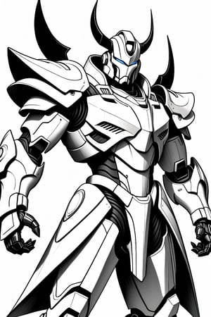 ((best quality)), ((masterpiece)), (ultra-detailed), an Generate hyper realistic image of the Dreadnova Chaosbringer, Picture this villain in an otherworldly suit of armor,Mecha,black and white, white background, thick outline, colorless,Coloring Book,ColoringBookAF