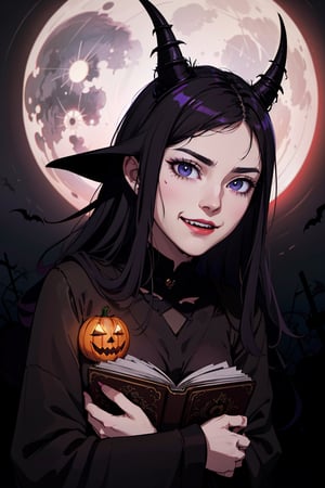 (best quality,4k,8k,highres,masterpiece:1.2),ultra-detailed,(realistic,photorealistic,photo-realistic:1.37),creepy,spooky,halloween theme,anime girl,halloween makeup,detailed eyes,detailed lips,long eyelashes,wavy black hair,evil smile,bloody red lipstick,gloomy atmosphere,haunted background,glowing pumpkin,witch hat,black robe,eerie lighting,horror anime style,dark purple color palette,ghostly aura,scary expression,menacing grin,sinister vibe,gothic aesthetic,witchcraft,witchy vibes,cobwebs,spellbook,curled horns,witchy cat,full moon,haunted mansion,trick or treat,spider webs,creepy crawlies,nightmare fuel,S4almamaulida