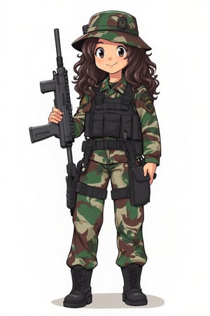 A cartoon vector of a pretty long curly haired woman stand hold rifle, wearing TNI uniform. adorned with black vest, boonie hat. White background. 