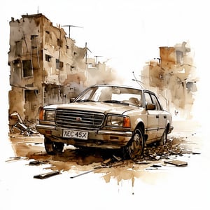 Fantasy realistic watercolor painting art of vehicle trapped at abandon city, Obsolete, neglected, wrecks, faded, ugly, broken, damaged, destroyed
