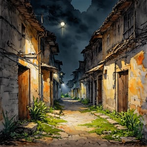 Fantasy realistic watercolor painting art of abandon district at night, quiet, quiet, eerie, dark environment, just dark