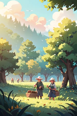 (illustration of some old people farming at the field race), background at the forest, looked from medium, art by Atey Ghailan,masterpiece