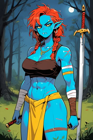 1girl, solo, braid, earrings, jewelry, breasts, abs, bandages, black sclera, blue eyes, chest sarashi, colored sclera, colored skin, female orc, greatsword, green skin, heterochromia, huge breasts, large breasts, loincloth, looking to the side, medium hair, mismatched sclera, muscular, muscular female, navel, necklace, orc, over shoulder, pointy ears, red hair, sarashi, scar, scar on arm, scar on chest, scar on face, scar on stomach, side braid, skirt, sword, tusks, twin braids, weapon, weapon over shoulder, yellow eyes, outdoors, plain, night