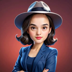 Create a realistic 3D ch3ls3a, chelsea islan, woman, caricature, 3D oil painting caricature, wearing (mafia outfit), resembling, (random contrast) solid background, medium shot,