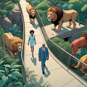 Morgan Freeman with his one negro wife, entering zoo lion section, ((Bird’s eye view)), (in the combined style of Mœbius and french comics), (minimal vector:1.1)