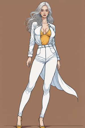 (in the combined style of Mœbius and french comics), (minimal vector:1.1), medium shot of woman, ((full body)), simple background, DonMM1y4XL,yinlinwuwa