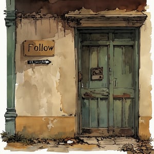 Fantasy realistic watercolor painting art of wall of abandon building. there sign at wall " follow @ildzikf.AI ".