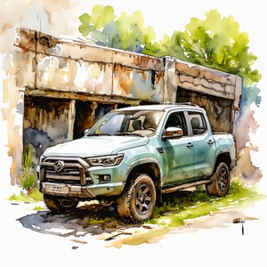 Fantasy realistic watercolor painting art of wall of abandon vehicles 