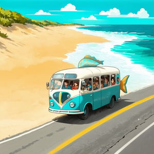 A quirky, imaginative illustration of a fish-shaped bus, cruising down a coastal road. Through the open windows, passengers can be seen inside. The overall atmosphere of the image is whimsical, with a touch of surrealism.