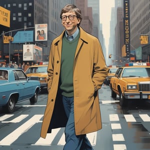 illustration of young Bill Gates wearing casual clothes with long coat, walking at New York in 1975, full body, (looked from medium), art by Atey Ghailan, masterpiece, perfect anatomy,(cute comic)