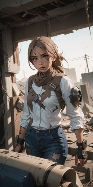 1 girl, upper body, single focus, survivor appearance, apocalyptic attire, battle-hardened look, (apocalyptic world: 1.4), (fighting for humanity: 1.3), cybernetic features, gritty aura, [depth of field, ambient lighting, post-apocalyptic style foreground, battle-ready appearance], Apocalyptic Sci-Fi, survival, post-cataclysmic world, (make-shift tech), (battle-scarred gear: 1.2), intricate details, enhanced lighting,bella