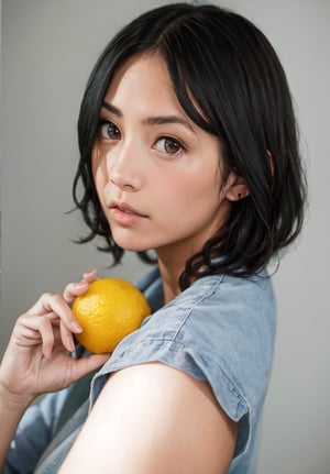 realistic,1girl,solo,short hair,realistic,food,fruit,lips,looking at viewer,black hair,holding,black eyes,upper body,bob cut,lemon,brown hair,brown eyes,grey background,holding fruit, (perfect face: 1.3), (face details: 1.3), beautiful glistening eyes, (tasty breasts: 1.3), sweeping circling composition, masterpiece, nsfw, 8k,dinda
