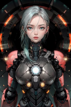 shodanSS_soul3142, 1girl, solo, green eyes, glowing eyes, robot joints, long hair, looking at viewer, glowing, green hair, grey skin, android, colored skin,sagging breasts,