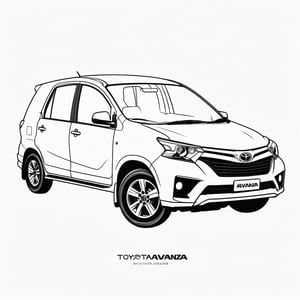 coloring book, bold line art. White and black minimalistic draw coloring page for a toyota avanza. Defined lines. Clean Drawn. Vector, Coloring Page, Bold line art, Coloring Book, Outline, Coloring, Coloring Sheet, Coloring Book, Coloring Page, Black and white, illustration, Draw, drwbk coloring book drawing