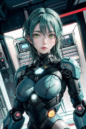 shodanSS_soul3142, 1girl, solo, green eyes, glowing eyes, robot joints, long hair, looking at viewer, glowing, green hair, grey skin, android, colored skin,sagging breasts,ai_uehara