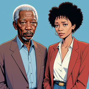 Morgan Freeman with his one wife, the wife looking sad, (in the combined style of Mœbius and french comics), (minimal vector:1.1)