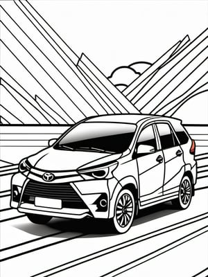 coloring book, bold line art. White and black minimalistic draw coloring page for a toyota avanza. Defined lines. Clean Drawn. Vector, Coloring Page, Bold line art, Coloring Book, Outline