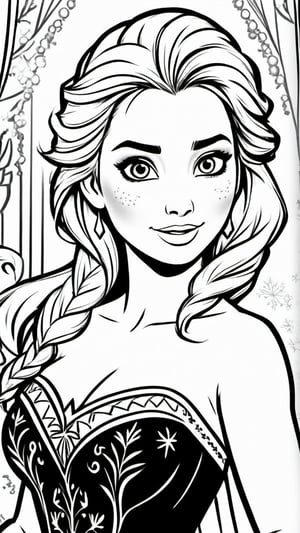 frozen princess elsa themes coloring book,black and white, for kids, best quality, ultra detailed, photorealistic, high quality, high resolution, super detailed, drwbk coloring book drawing,ColoringBookAF