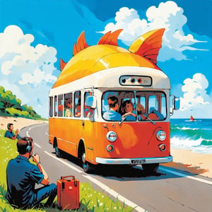 A quirky, imaginative illustration of a fish-shaped bus, cruising down a coastal road. Through the open windows, passengers can be seen inside, each in their own world. A group of people sit bored, their eyes glazed over and their shoulders slumped. Next to them, a couple of passengers are listening to music, one with headphones on, the other with a portable radio playing softly. The overall atmosphere of the image is whimsical, with a touch of surrealism.