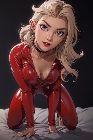 (Masterpiece, highly detailed, extremely detailed, beautiful, HD), (best quality, ultra-detailed, best shadow), (detailed background), (beautiful detailed face, beautiful detailed eyes), (black eye-shawdow), (black eye-liner), (dark-red lipstick),full body, one woman, (long-hair), (hair_past_wiste), blonde-hair, septum-piercing, gauge ears pierced, ((full red latex suit)), (cleavage deep v-cut suit), perfect finger, big breast,r1ge,3DMM,