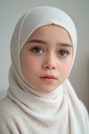 A girl lest1kej0ra with white hijab. She is looking at the viewer with bright and loving eyes. She is leaning forwardal. Close-up of face, very detailed. She is wearing a perfect beige soft sweater in a white bed room. Hasselblad H6D-400c MS, low exposure, high contrast, ISO 100, with a 120mm macro lens.,