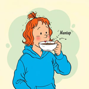 titin_style, A cartoon drawing of A woman in a blue hooded sweatshirt drink a cup of caffe with text at the cup "Mantap".
