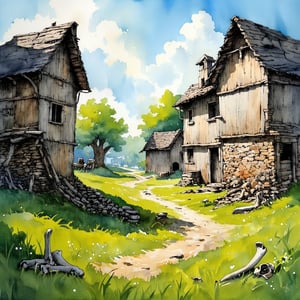 Fantasy realistic watercolor painting art of abandon village, Human bones were scattered around,