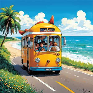 A quirky, imaginative illustration of a fish-shaped bus, cruising down a coastal road. Through the open windows, passengers can be seen inside, each in their own world. A group of people sit bored, their eyes glazed over and their shoulders slumped. Next to them, a couple of passengers are listening to music, one with headphones on, the other with a portable radio playing softly. The overall atmosphere of the image is whimsical, with a touch of surrealism.