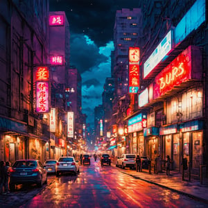 Fantasy realistic watercolor painting art of neon district at night, 