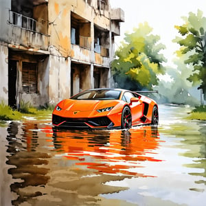 Fantasy realistic watercolor painting art of wall of abandon building with flood around, with lamborghini huracan evo trapped 