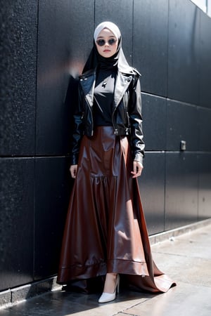 masterpiece, best quality, official art, aesthetic, 1girl, top teen model, detailed background, Paris fashion week, black leather jacket, shirt, hijab, long skirt