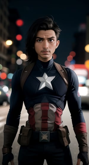 centered, upper body, masterpiece, | captain america, standing, looking at viewer, | city, urban, street, city lights, | night, bokeh, depth of field, glowing at face, light at face,putra,adjie