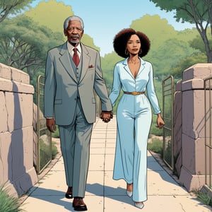 Morgan Freeman with his one negro wife, holding hands, entering zoo, ((Third person view)), (in the combined style of Mœbius and french comics), (minimal vector:1.1)