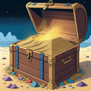 An illustration of a full of dust inside treasure chest, full dust otside of treasure chest, (in the combined style of Mœbius and french comics), (minimal vector:1.1)