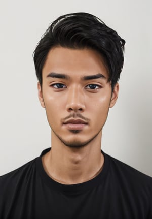 realistic,1boy,solo,looking at viewer,black hair,black eyes,close up,grey background, (perfect face: 1.3), (face details: 1.3), perfect eyes, masterpiece, 8k,putra