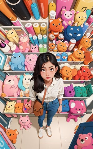 masterpiece, solo, best quality, high detailed, colorful, from above, solo, realistic, girl standing in a store with lots of stuffed animals on the shelves and a bag of stuff, hazel eyes, fisheye lens
,mandha,perfect,nindi