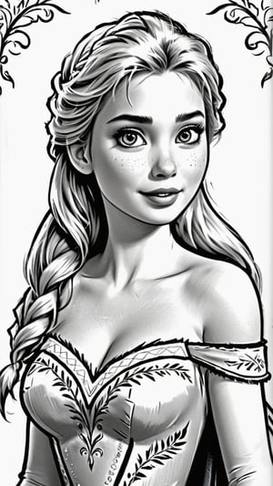 frozen princess elsa themes coloring book,black and white, for kids, best quality, ultra detailed, photorealistic, high quality, high resolution, super detailed, drwbk coloring book drawing,ColoringBookAF