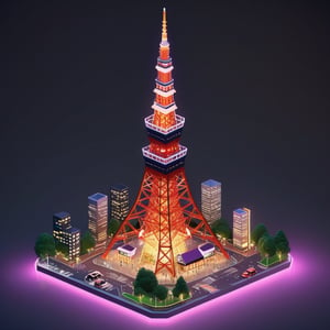 cute 3D isometric model of tokyo tower at night | blender render engine niji 5 style expressive,3d isometric,3d style,