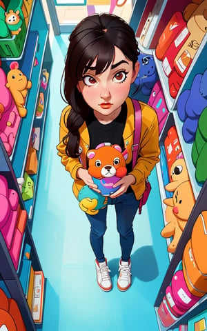 masterpiece, solo, best quality, high detailed, colorful, from above, solo, realistic, girl standing in a store with lots of stuffed animals on the shelves and a bag of stuff, hazel eyes, fisheye lens
,perfect,Sasha Grey