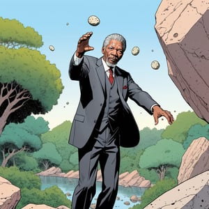 Morgan Freeman, wearing suit, throwing a stone, zoo background, (in the combined style of Mœbius and french comics), (minimal vector:1.1)