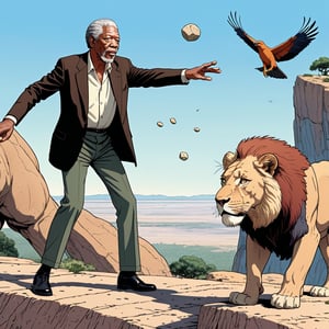 Morgan Freeman throwing a stone at the female lion, ((Bird’s eye view)), (in the combined style of Mœbius and french comics), (minimal vector:1.1)