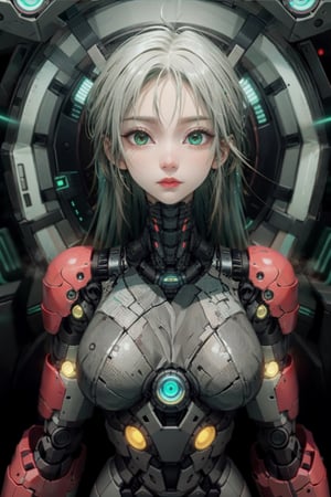 shodanSS_soul3142, 1girl, solo, green eyes, glowing eyes, robot joints, long hair, looking at viewer, glowing, green hair, grey skin, android, colored skin,sagging breasts,SAM YANG,n0t