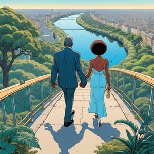 Morgan Freeman with his one negro wife, hold hands, looking to zoo monkey section, ((Bird’s eye view)), (in the combined style of Mœbius and french comics), (minimal vector:1.1)