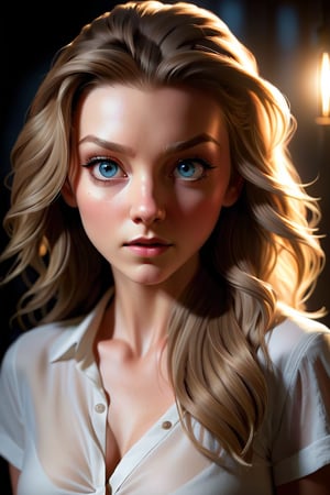 photorealistic, masterpiece, upper body, best quality, raw photo, 1girl, long hair, detailed eyes and face, sagging breast, white shirt, dynamic lighting, in the dark, deep shadow, low key, Natalie Dormer


