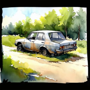 Fantasy realistic watercolor painting art of abandon vehicles For a thousand years, Obsolete cars, neglected cars, car wrecks 