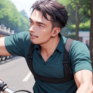 Handsome man ride bike, perfect irish, perfect  eyes, perfect anatomy