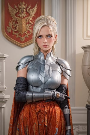 1 girl, adult russian woman, platinum blonde dutch braid, portrait, solo, upper body, looking at viewer, detailed background, detailed face, protector, keeping watch, chainmail armor, leather gauntlets, heraldry,medieval atmosphere, cape, emblem,nindi