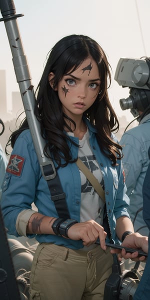 1 girl, upper body, single focus, survivor appearance, apocalyptic attire, battle-hardened look, (apocalyptic world: 1.4), (fighting for humanity: 1.3), cybernetic features, gritty aura, [depth of field, ambient lighting, post-apocalyptic style foreground, battle-ready appearance], Apocalyptic Sci-Fi, survival, post-cataclysmic world, (make-shift tech), (battle-scarred gear: 1.2), intricate details, enhanced lighting,nindi