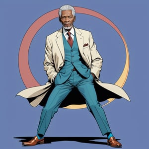 Morgan Freeman, (wearing suit, shoes), silat position, (in the combined style of Mœbius and french comics), (minimal vector:1.1)